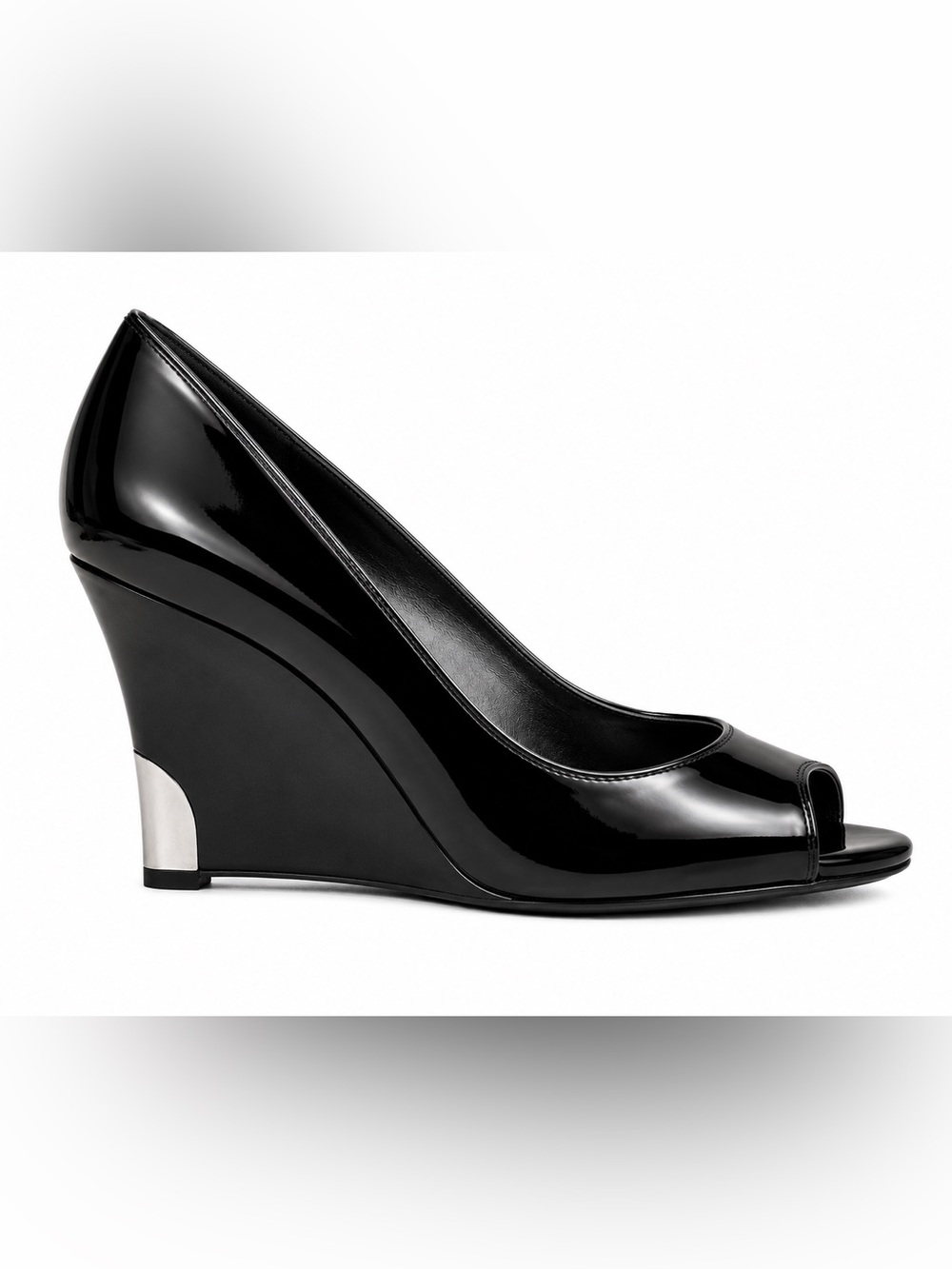 Fergie Black Patent Peep-Toe Wedge with Metallic Heel Accent